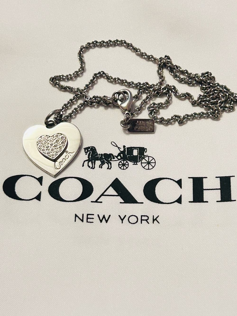 Coach Heart Charm Silver Tone/ Rhinestone Necklace